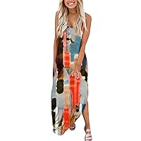 Summer Dress with Pockets and Short Sleeves,Women's Casual Spaghetti Strap Printed Maxi Dress with Irregular He
