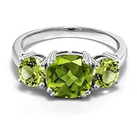Gem Stone King 925 Sterling Silver Green Peridot 3 Stone Engagement Ring For Women (3.45 Cttw, Gemstone August Birthstone, Cushion 8MM, Available in Size 5,6,7,8,9)