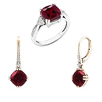 Dazzlingrock Collection 8mm Each Cushion Shape Lab Created Ruby and Natural Round White Diamond Ring & Dangle Drop Earrings Set for Women