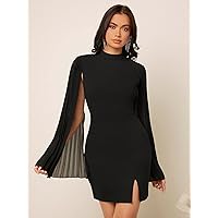 Women's Dress Mock Neck Split Sleeve Bodycon Dress Summer Dress (Color : Black, Size : Large)
