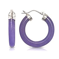Jewelryweb - Solid Sterling Silver Onyx, Lavender or Green Jade Hoop Earrings - 4mm x 26mm - Jade Earrings for Women - Black Hoop Earrings - Purple Green Tube Earrings