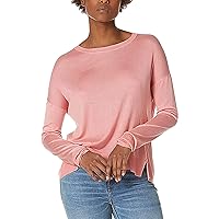 Womens Round Neck Pullover Top Casual Henley Long Sleeve Sweater Blouse Loose Lightweight Solid Color Side Slits Shirts
