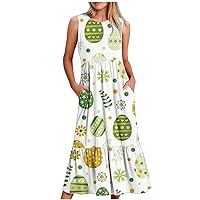 Easter Dresses for Women 2024 Eggs Graphic Trendy Sleeveless Crewneck Swing Long Dresses with Pockets Casual Tank Dresses