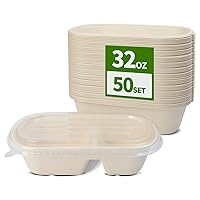 50 Pack 32 oz Large 2 Compartment Paper Bowls with Lids, Paper Meal Prep Containers with Compartment for Main Dish and Sides (50 Bowls 50 Lids)
