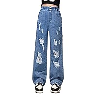 YiZYiF Kids Girls Ripped Flared Jeans High Waist Bell Bottom Denim Pants Summer Casual Trousers