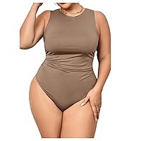 MakeMeChic Women's 3 Pack Plus Size Basic Sleeveless Bodysuit Ruched Tank Tops
