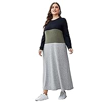 Womens Plus Size Dresses Summer Round Neck Long Sleeve Color Block Tee Dress