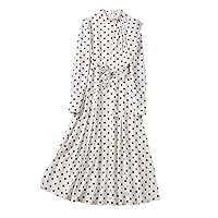 Designer Spring Polka Dot Print Dress for Women Long Sleeve Stand Collar Midi White Party Dresses Lady