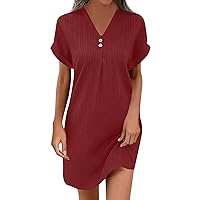 Women's Summer Dresses, 2024 Short Sleeve V Neck Solid Color Pullover Casual Button Dress for Women, S XXXL