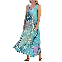 Dresses for Women 2024 Printed Flowy Beach Dress with Pocket Sleeveless Trendy Sun Dress Lightweight Casual Dress