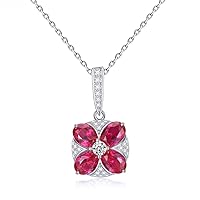 Four Petal Flower Pendant Necklace Sparkling Ruby & Zircon Gemstone