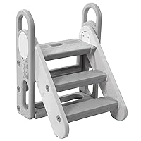 Foldable Kids Step Stool, Folding Toddler Step Stool for Bathroom Sink, Potty Training, Kitchen Counter, Plastic Learning Helper Stool with Handles, Non-Slip and Adjustable, Grey+White