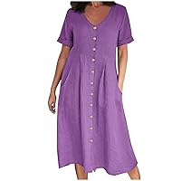 Womens Button Down Cotton Linen Empire Waist Dress Summer Trendy V Neck Short Sleeve Elegant Midi A-Line Dresses