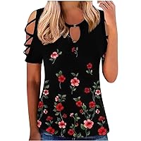 Tshirts Shirts for Women Off Shoulder Hollow Out Tops Blouse Floral Printing Round Neck T-Shirt Tees Party Club Tee Top