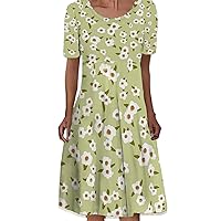 Ladies Women's Summer Dress Fashion Short Sleeve Pleated Mid Length Dress Floral Print Casual Dress(E,6X-Large)