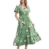 YESNO Women's 2023 Summer Casual Floral Dress Square Neck Puff Short Sleeve Cinched Waist Maxi Dress with Pockets E11
