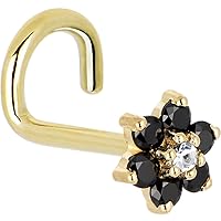 Solid 14k Yellow Gold Black and Clear Cubic Zirconia Flower Left Nose Stud Screw 18 Gauge