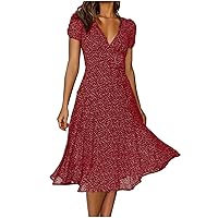 Women Summer Polka Dot Printed Dress V Neck Short Sleeve Midi Casual Flowy Dress Knee Length Elegant Teacher Dresses (X-Large, Wine)