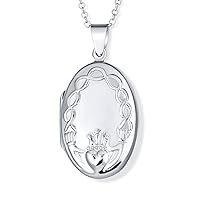 Personalized BFF Vintage Style Lucky Green Shamrock Clover Round Celtic Irish Two Photo Heart Oval Round Memorial Claddagh Hold Pictures Locket Necklace For Women .925 Sterling Silver Customizable
