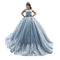 Off Shoulder Quinceanera Dresses Ball Gowns for Women 2022 Lace Puffy Tulle Long Prom Dresses with Train