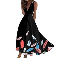 Plus Size Dresses for Curvy Women Spring 2024 Casual Long Maxi Summer Sleeveless V Neck Boho Waist Retro Printed Dress