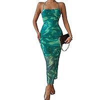 Milumia Women's Tie Dye Mesh Maxi Dress Spaghetti Strap Backless Lace Up Bodycon Dresses