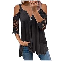 Women's Lace Crochet Sleeve Summer Tops Sexy Casual Blouses Elegant Cold Shoulder T Shirt Zipper V Neck Trendy Top