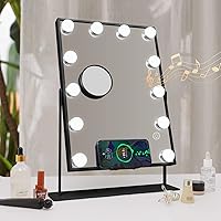 Hansong Vanity Mirror with Lights and Wireless Charging Hollywood Mirror with Lights and Phone Holder 12 LED Bulb Music Speaker Makeup Mirror with Lights 3 Color Lighting Modes Black