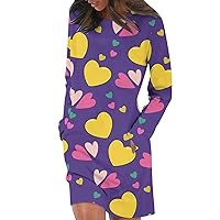 Women's Valentines Day Dress Sleeve Dress for Heart Print Casual Tunic Dress Pullover Hip Pack Sweater Dress, S-3XL