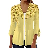 Womens Fashion 2024 Button Down V Neck Shirts 3/4 Length Sleeve Top Loose Fit Flowy Floral Printed Blouses