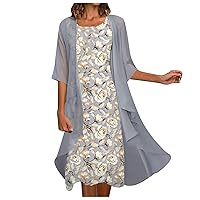 Two Piece Dress for Women Summer Plus Size Flowy Floral Chiffon Dresses Crewneck Sleeveles Dress Wedding Guest