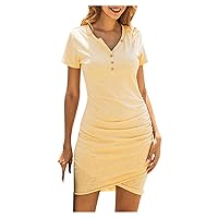 Casual Notch V Neck Button Down Short Sleeve Ruched Bodycon T Shirt Dress for Women Summer Slim Fit Short Mini Dresses