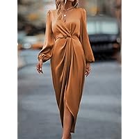 Dresses for Women Lantern Sleeve Twist Front Wrap Hem Satin Dress (Color : Burnt Orange, Size : Small)