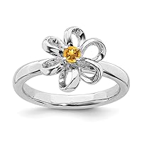 925 Sterling Silver Prong set Rhodium plated Stackable Expressions Polished Citrine Flower Ring Jewelry Gifts for Women - Ring Size Options: 10 5 6 7 8 9