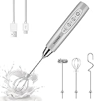 YUSWKO Rechargeable Milk Frother Handheld with 3 Heads, Silver Coffee Electric Whisk Drink Foam Mixer, Mini Hand Stirrer with 3 Speeds Adjustable for Latte, Cappuccino, Hot Chocolate, Egg