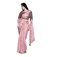 Indian Pink Solid Sequins & Designer Blouse One minute saree Ready to wear sari 7970