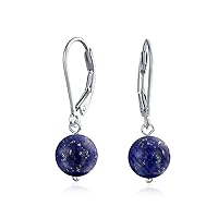 Simple Basic Gemstone Round 8MM Bead Ball Drop Dangle Earrings For Women Teen Secure Hinge Lever back .925 Sterling Silver Birthstones More Colors