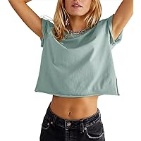 Aoang Womens Summer Short Sleeve Crewneck Crop Tops Loose Casual Solid T-Shirts Plain Short Basic Tees