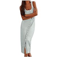 Striped Pencil Dress for Women Fall Summer Sleeveless Spaghetti Strap Square Neck Maxi Long Dress Women 2024