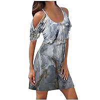 Women's Summer Dresses Cold Shoulder Pleated Short Sleeve Marble Graphic Scoop Neck Spaghetti Strap Cami Dresses Loose Fit