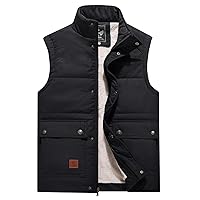 Flygo Men's Winter Warm Outdoor Padded Puffer Vest Thick Fleece Lined Sleeveless Jacket (Style 02 Black, Medium)
