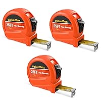 ValueMax Tape Measure 25FT with Fractions 1/8, 3 Pack Retractable Easy Read Measuring Tape, Imperial Measurement Tape with Metal Belt Clip for Construction, Contractor, Carpenter, Woodworking