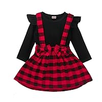Baby Christmas Outfit Toddler Girl Ruffle Long Sleeve T-Shirt Plaid Overall Skirt Set