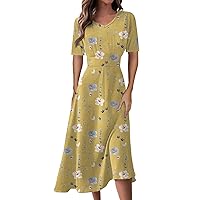 Elegant Formal Short Sleeve Midi Dress Trendy Sexy V Neck Ruched Flowy Party Dress Casual Swing Floral A Line Dress