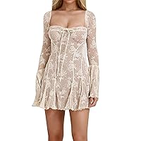 Black Lace Dress,Ladies' Elegant and Slim Fitting Lace Trumpet Long Sleeved Strappy A Hem Dress Formal Cocktail