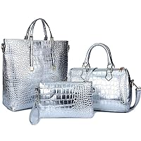 3-PC Women PU Handbag+Shoulder Bag+Clutch Crocodile Pattern Top Handle Fashion Satchel Tote Purse
