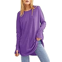 Long Sleeve Tops for Women Office Plus Size Fall Hip Shirts Women Long Sleeve Plain Cool Shirt Crewneck Loose Fitting T-Shirt Ladies Purple Workout Shirts for Women Medium