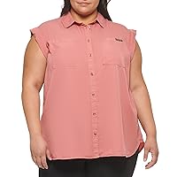 Calvin Klein Women's Plus Size Cuffed Sleeveless Breast Pocket Button Front Shirt