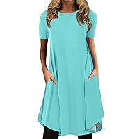 Sun Dresses for Women 2024 Casual Sundress Solid Color/Print Round Neck Pullover Mini Dress Loose Short Sleeve Dress Mint Green XX-Large