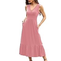 Womens Dresses Summer Wrap V Neck Sleeveless Empire Waist Maxi Dress Ruffle Hem A-Line Flowy Long Dresses 2024
